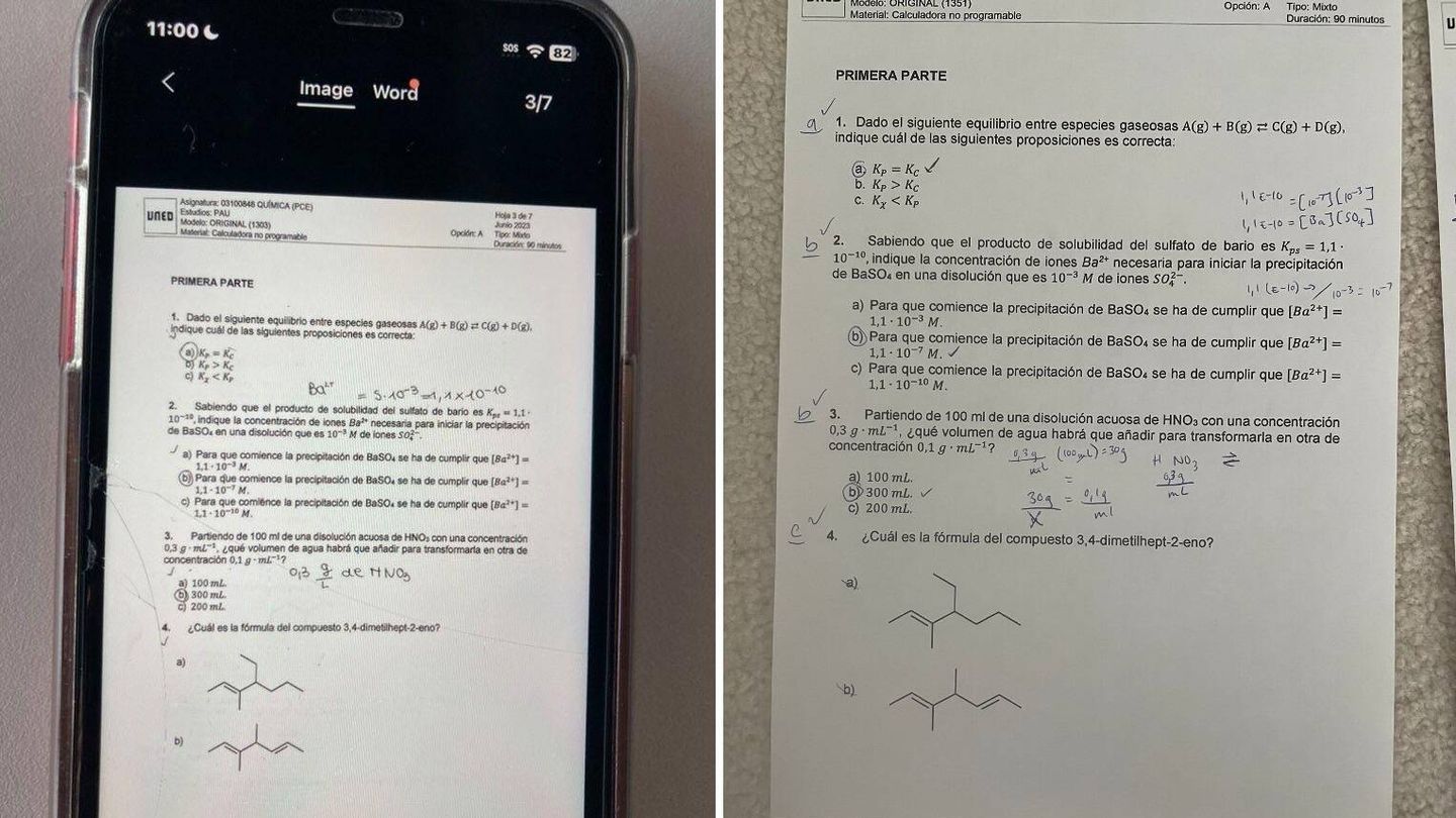 A la izquierda, el examen que recibieron en sus móviles los estudiantes; a la derecha, el examen que se encontraron en Seattle: era el mismo. (EC)