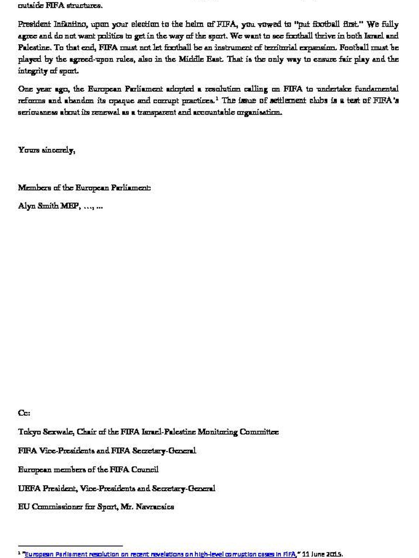 Lea la carta de los eurodiputados a Infantino.