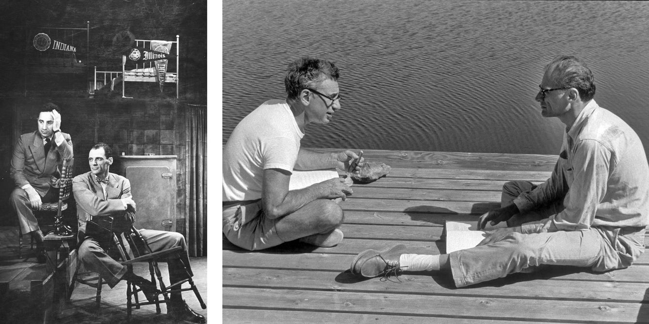 A la izquierda, Arthur Miller y el director Elia Kazan en la época de la representación de Muerte de un viajante en Broadway. A la derecha, Kazan y Miller, en la localidad de Roxbury, fotografiados por Inge Morath en 1963. 