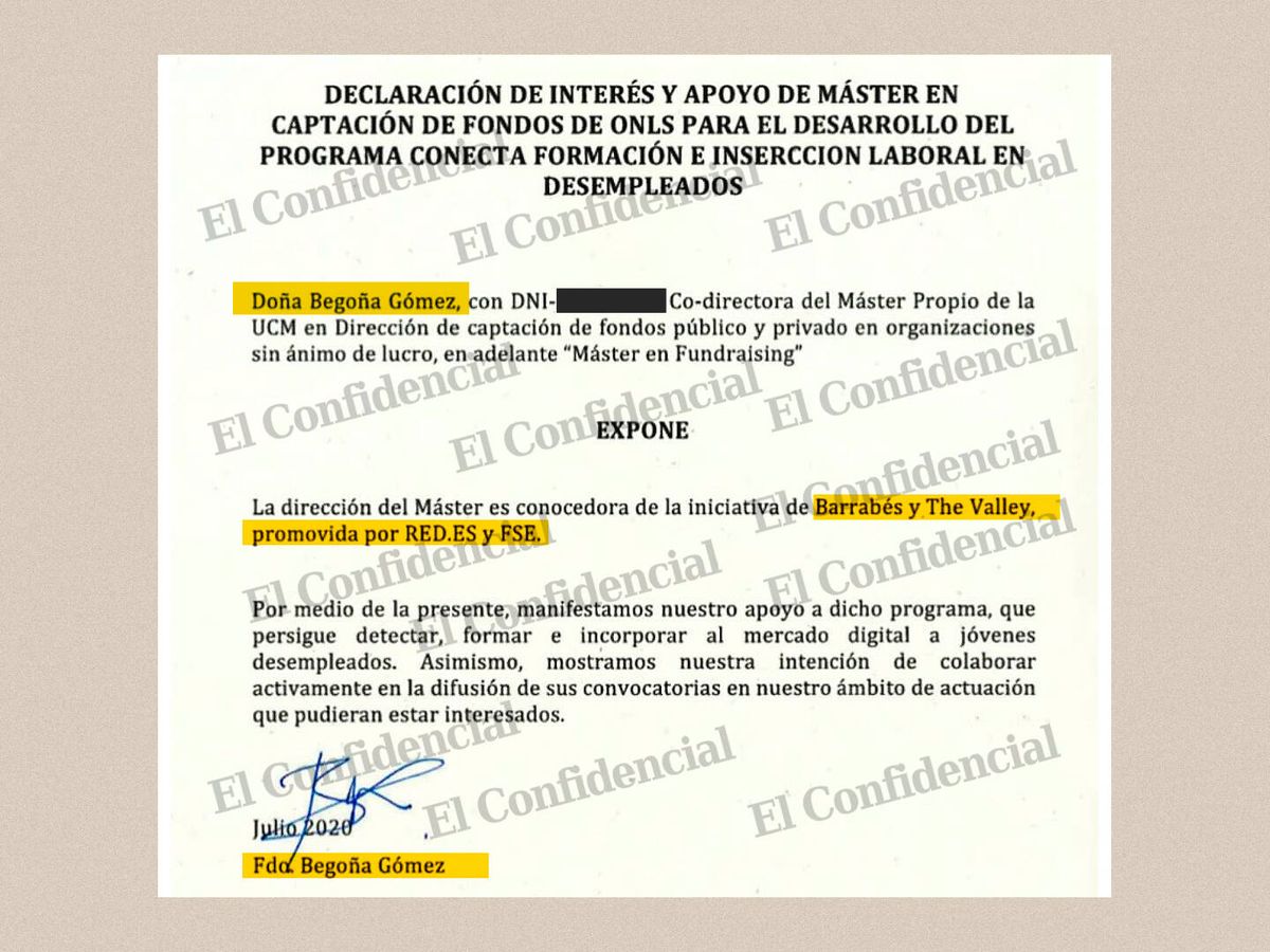 Foto: Carta de apoyo a la UTE Barrabés-The Valley firmada en 2020 por Begoña Gómez. (EC)