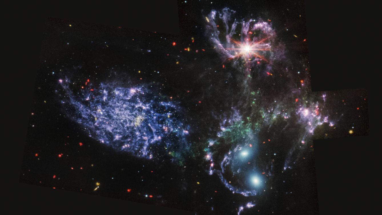 Foto: La materia oscura no existe y, sin ella, la teoría relativista de la gravitación de Einstein no funciona, dice Pavel Kroupa. Imagen del Quinteto de Stephan, cinco galaxias en al constelación de Pegaso (James Webb Space Telescope/NASA) 