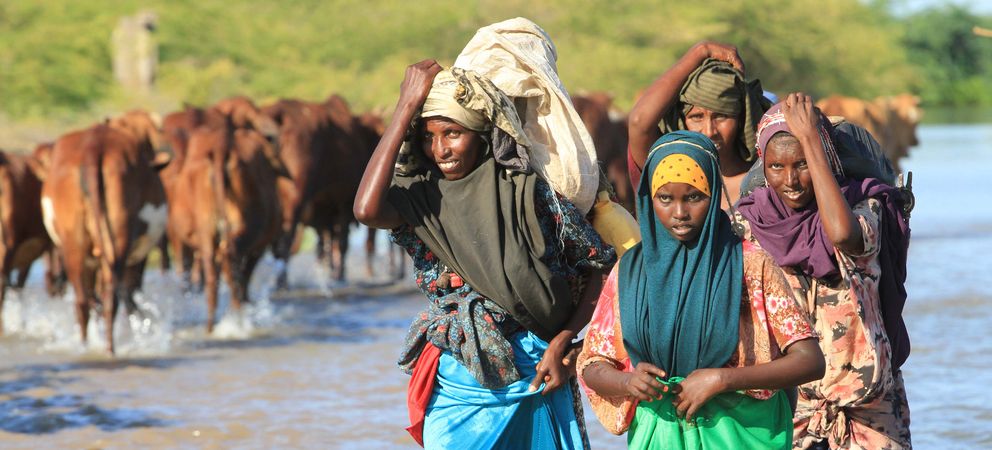 Un grupo de mujeres somalíes cruza el río Shebelle, al norte de Mogadiscio (Reuters).