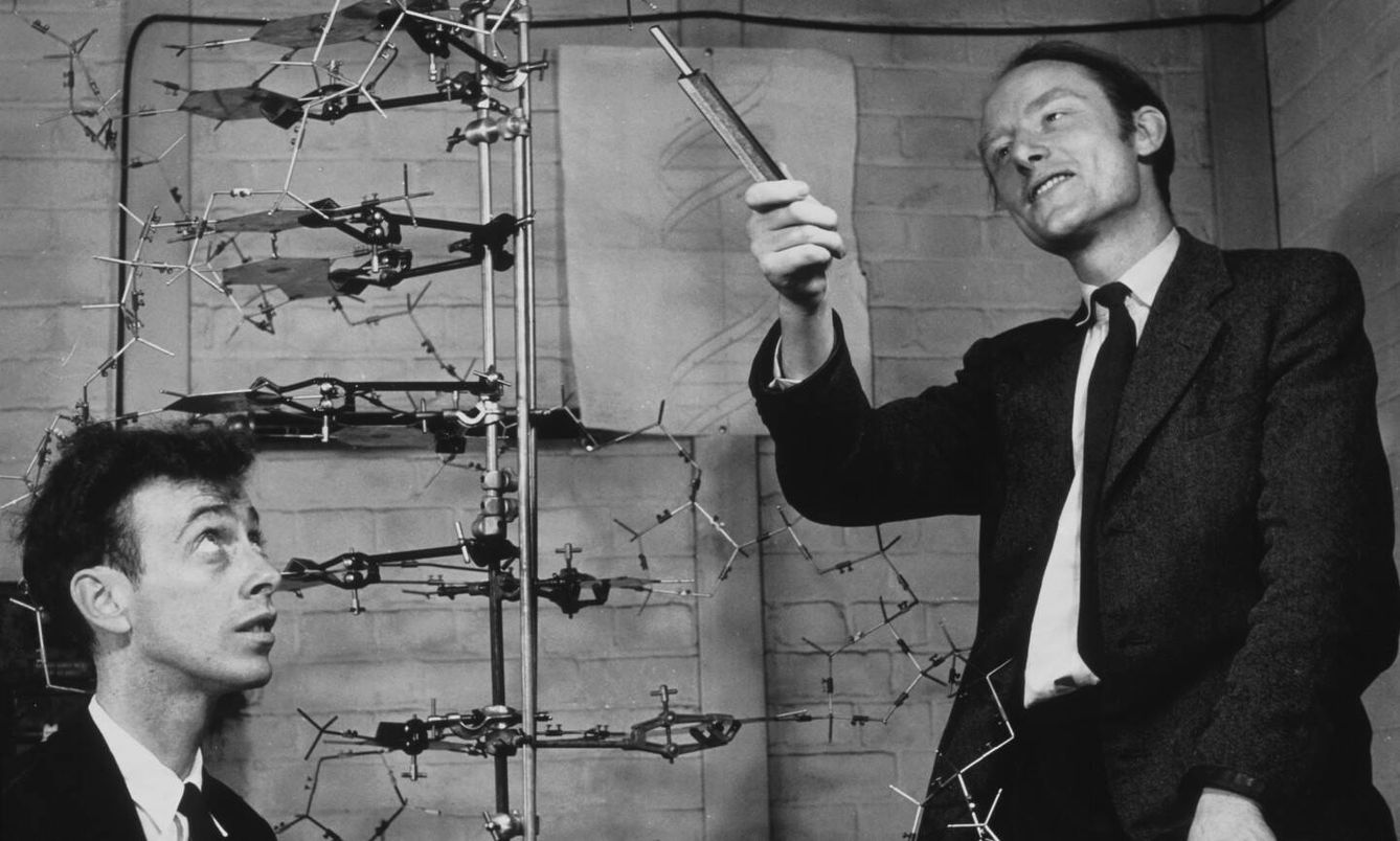 Watson y Crick junto a uno de sus modelos de la molécula del ADN en el Laboratorio Cavendish de Cambridge en 1953. (Cedida)