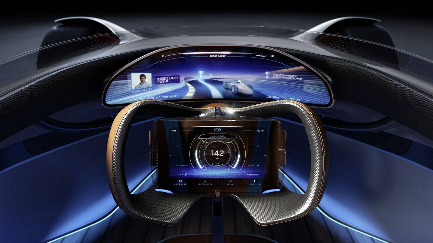 Interior futurista del Mercedes EQ Silver Arrow. 