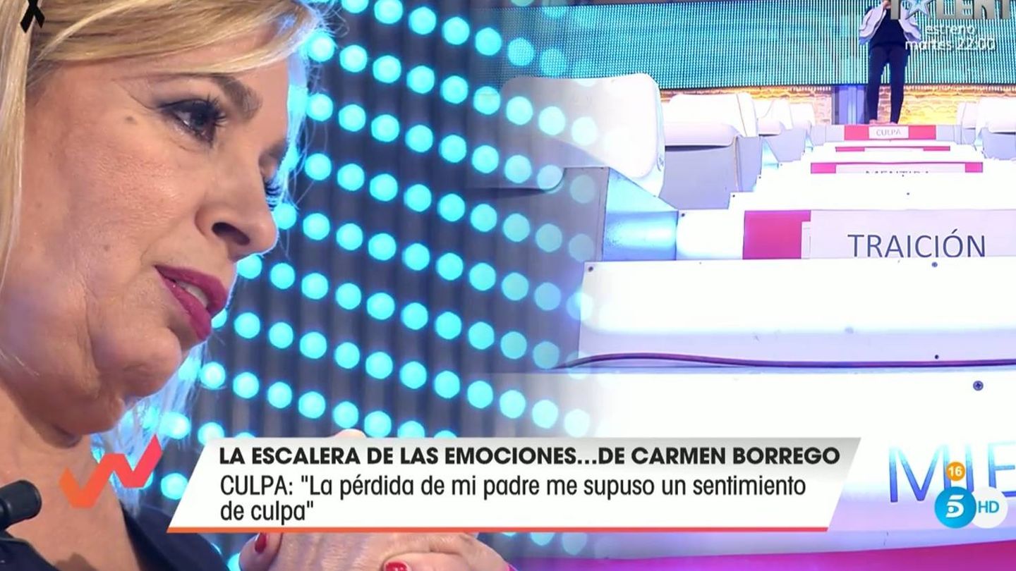 Carmen Borrego, emocionada al hablar de la muerte de su padre. (Telecinco).