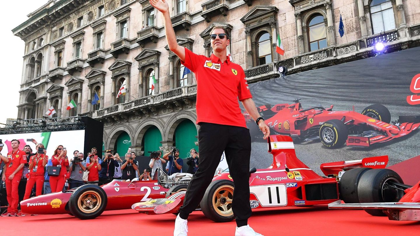 Sebastian Vettel durante la fiesta de celebración del 90 aniversario de Ferrari. (EFE)