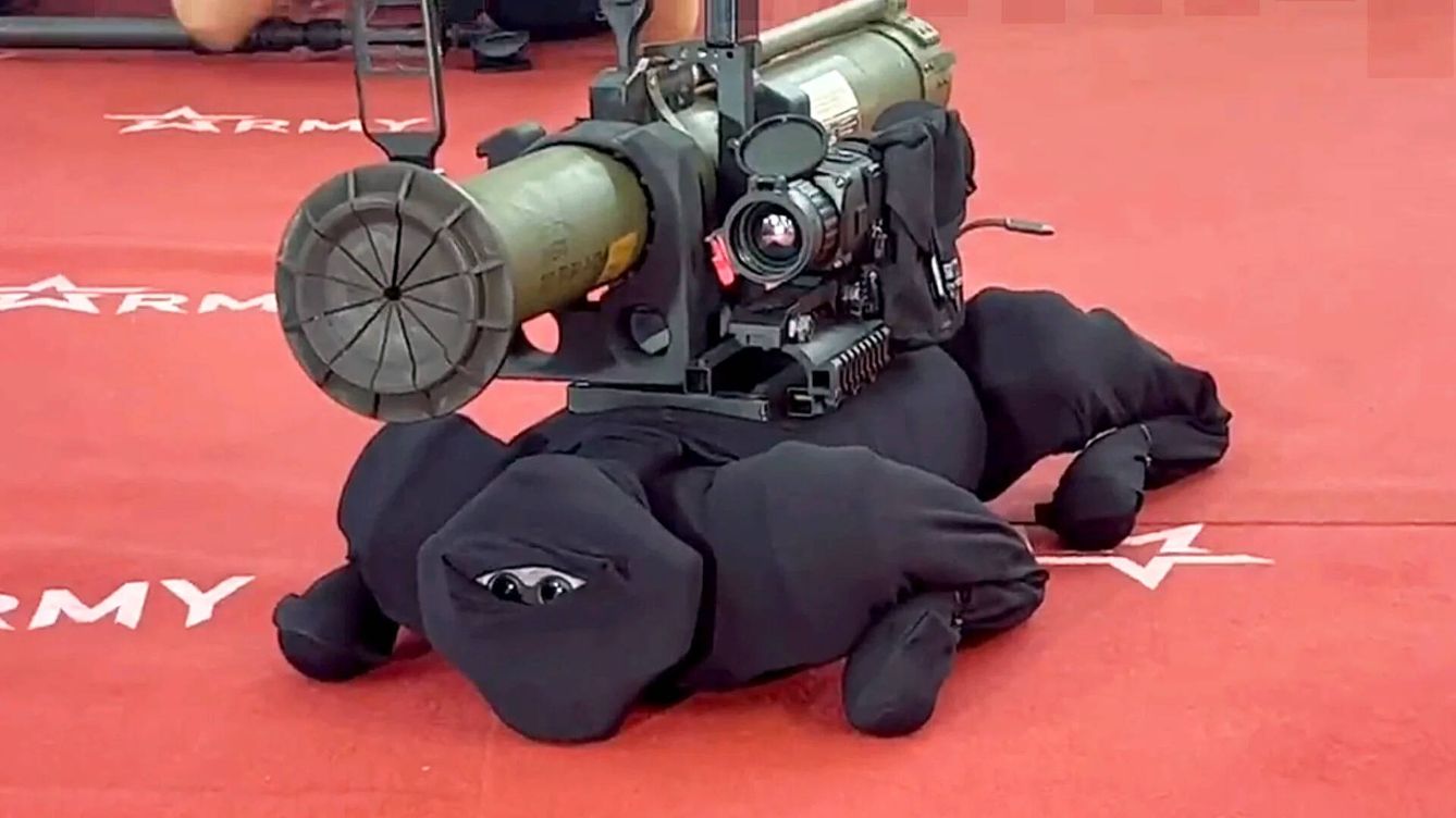Foto: El perro robot se puede comprar en el AliExpress. El lanzador de cohetes antitanque RPG-26 no. (Captura de vídeo de RIA Novosti)