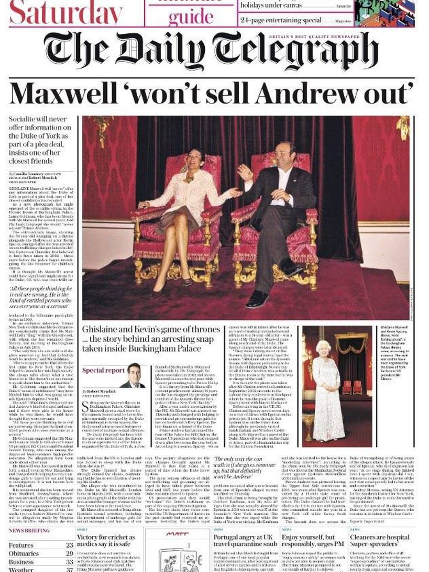 La portada del 'Daily Telegraph', con Kevin Spacey y Ghislaine Maxwell en Buckingham.