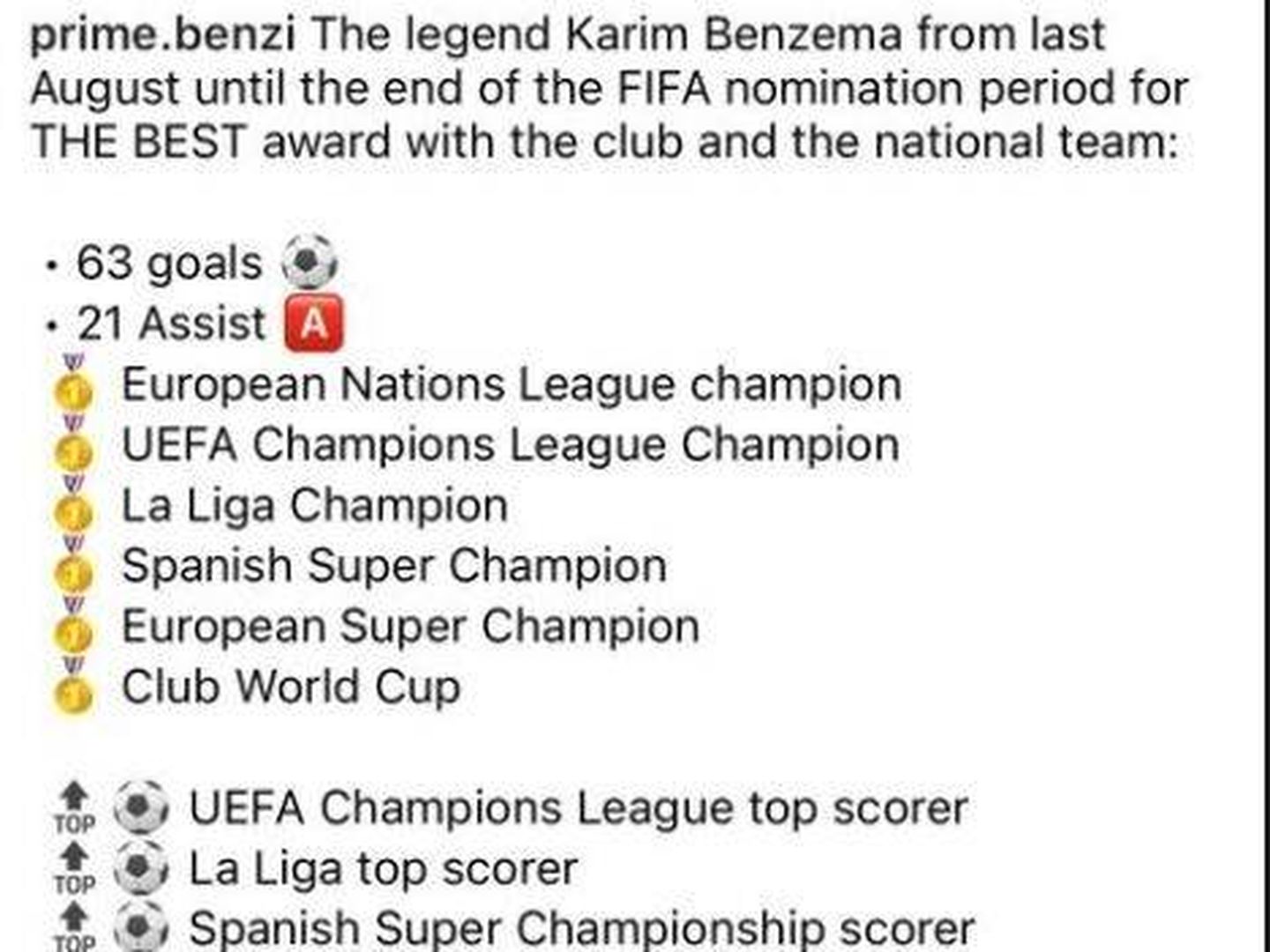 Publicación en Instagram de Karim Benzema con sus logros después de los premios The Best (Instagram).
