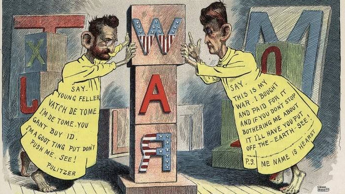 Ilustración satírica sobre el amarillismo de los dos gigantes Hearts, a la izquierda y Pulitzer a la derecha. 