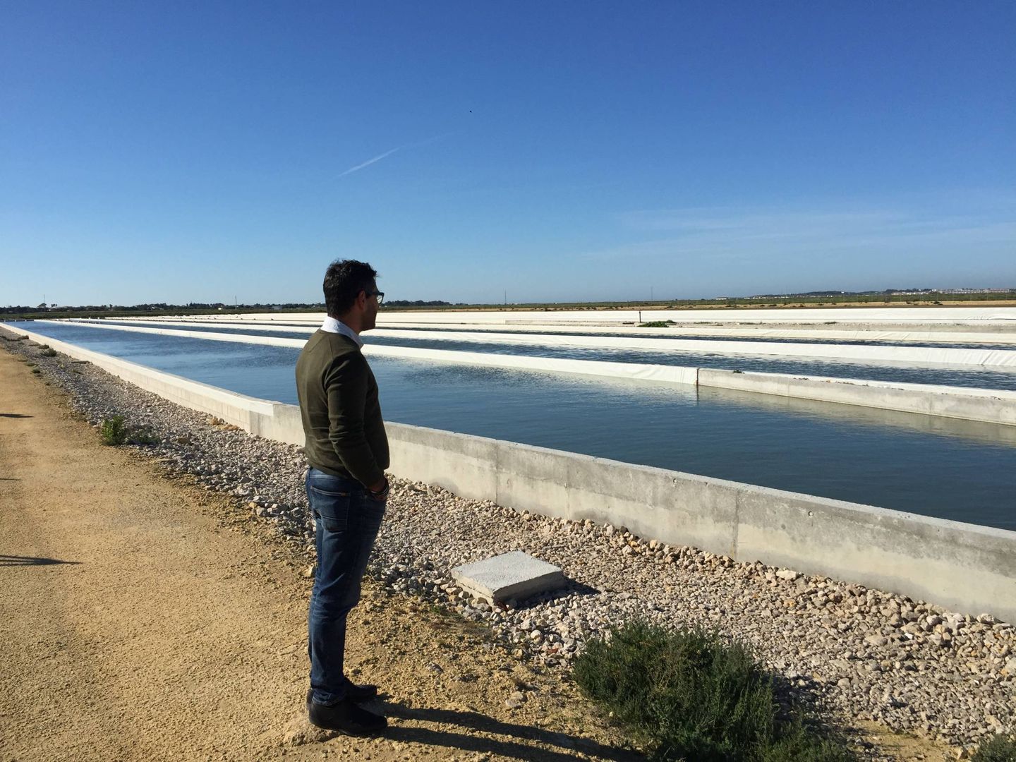 Arbib Zouhayr frente al principal estanque de microalgas de El Torno. (A.V.)