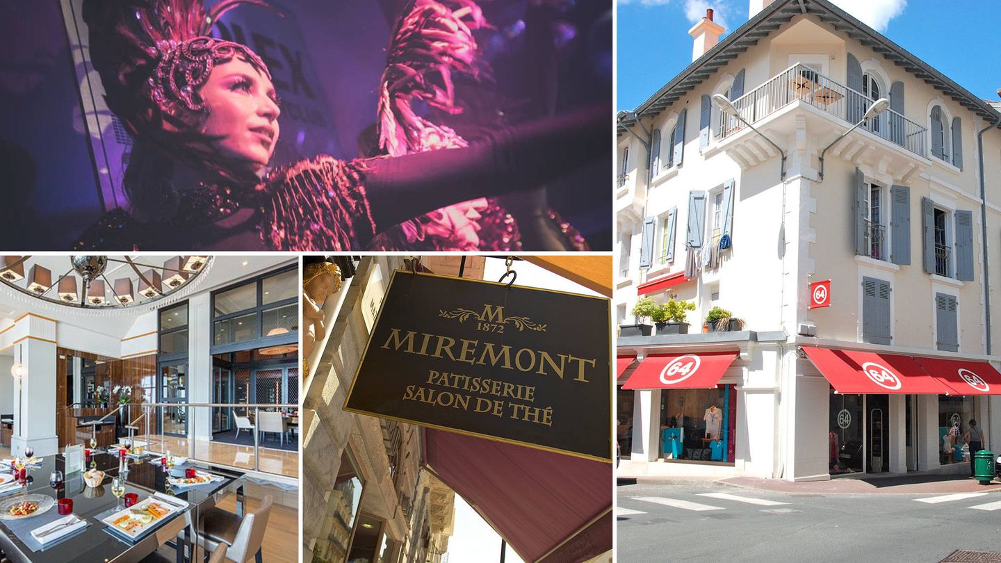 De izquierda a derecha y de arriba a abajo: Duplex Nightclub, tienda 64, chocolatería Miremont y el Casino de Biarritz. 