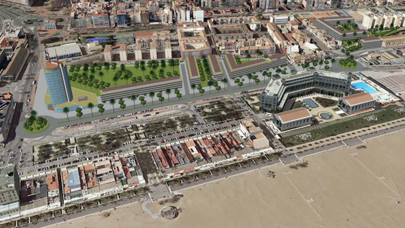 Foto: Imagen virtual del hotel de 15 plantas, con las viviendas a la derecha, donde el Sabadell tiene suelo y promoverá obra nueva.