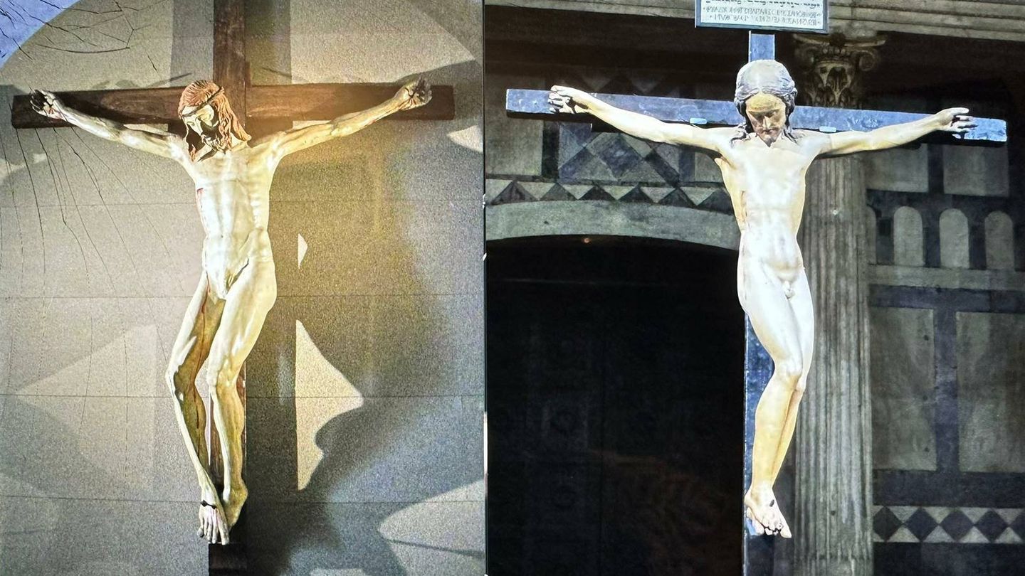 A la izqda: 'Crucifijo'. Filipo Brunelleschi. 1410-15. Santa Maria Novella. A la dcha: 'Crucifijo'. Miguel Ángel Buonarroti. 1492. Santo Spirito.