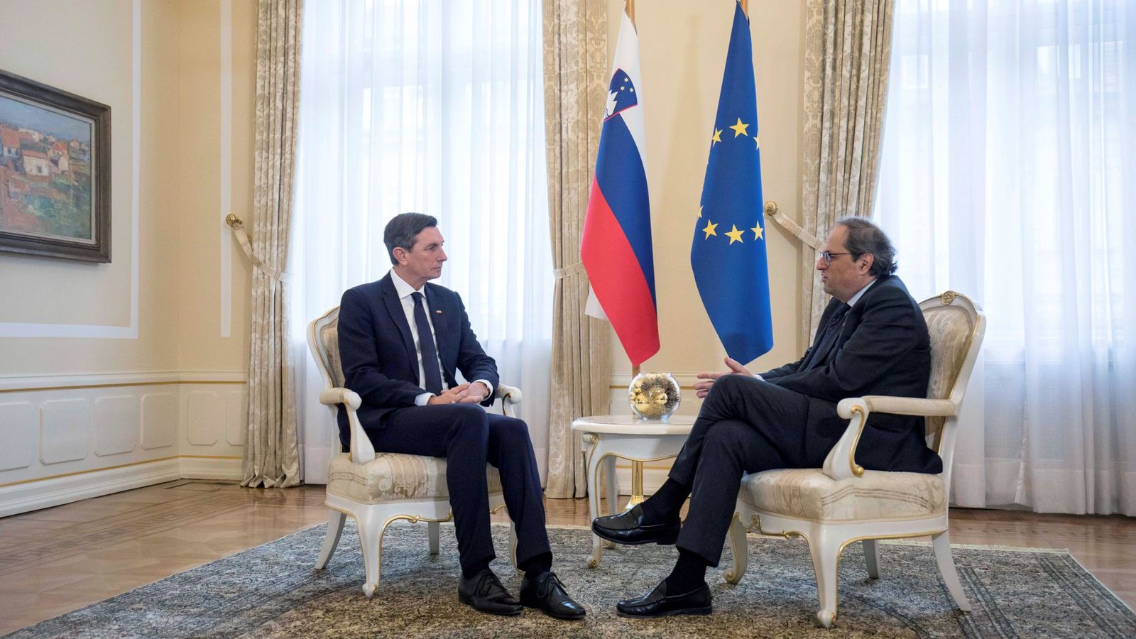 Foto: El presidente de la Generalitat, Quim Torra, durante la reunión con el presidente de Eslovenia, Borut Pahor. (Cedida por la Presidencia de la Generalitat)