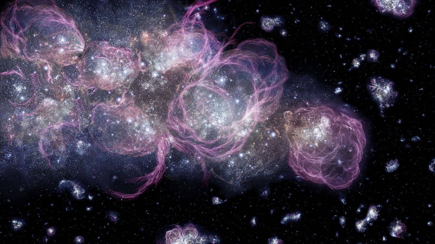 Ilustración de protogalaxias colisionando mil millones de años después del Big Bang (NASA)
