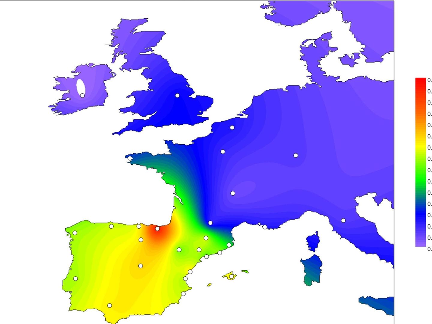 Mapa que refleja la presencia de la variante R1b-DF27 del cromosoma Y en Europa.