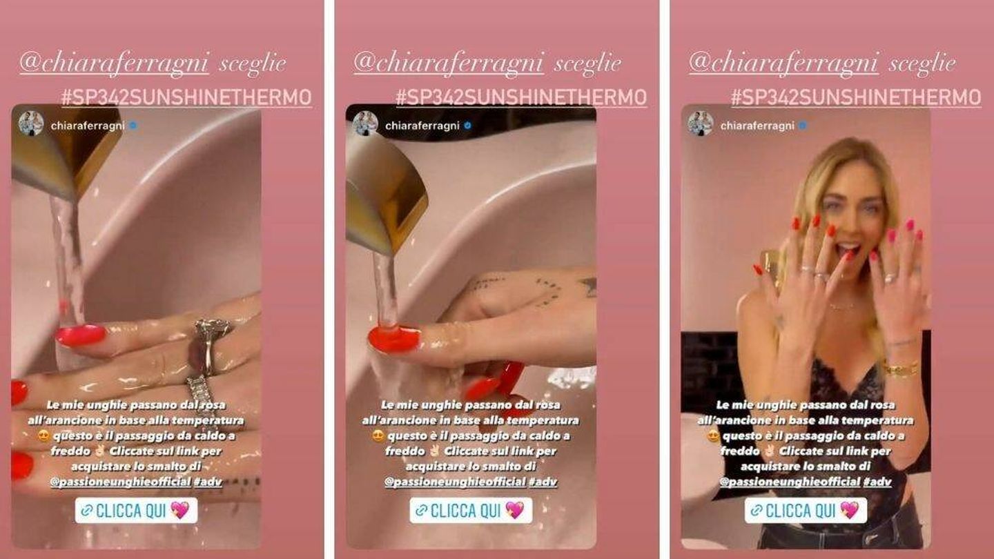 Primer plano de la manicura de Chiara Ferragni con los esmaltes Termo Color de Passione Unghie. (Instagram stories/@passioneunghieofficial)