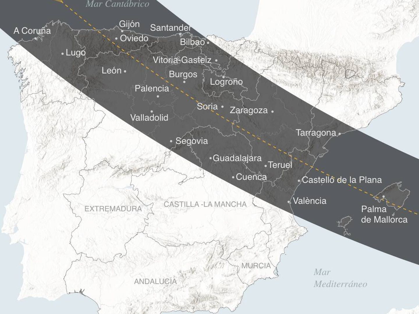 La franja de totalidad del eclipse del 12 de agosto de 2026 (Federación de Asociaciones Astronómicas de España)
