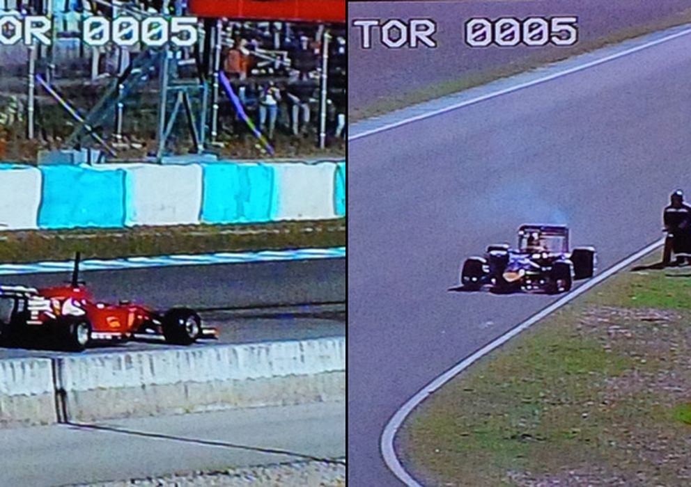 Foto: Los coches parados en pista de Fernando Alonso (i) y Daniel Ricciardo (d).