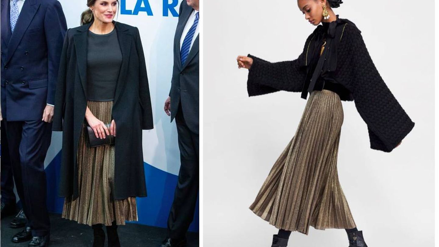 Esta falda metalizada de Zara que llevó la Reina desapareció de su tienda online (Pinterest y Cortesía de la marca) 