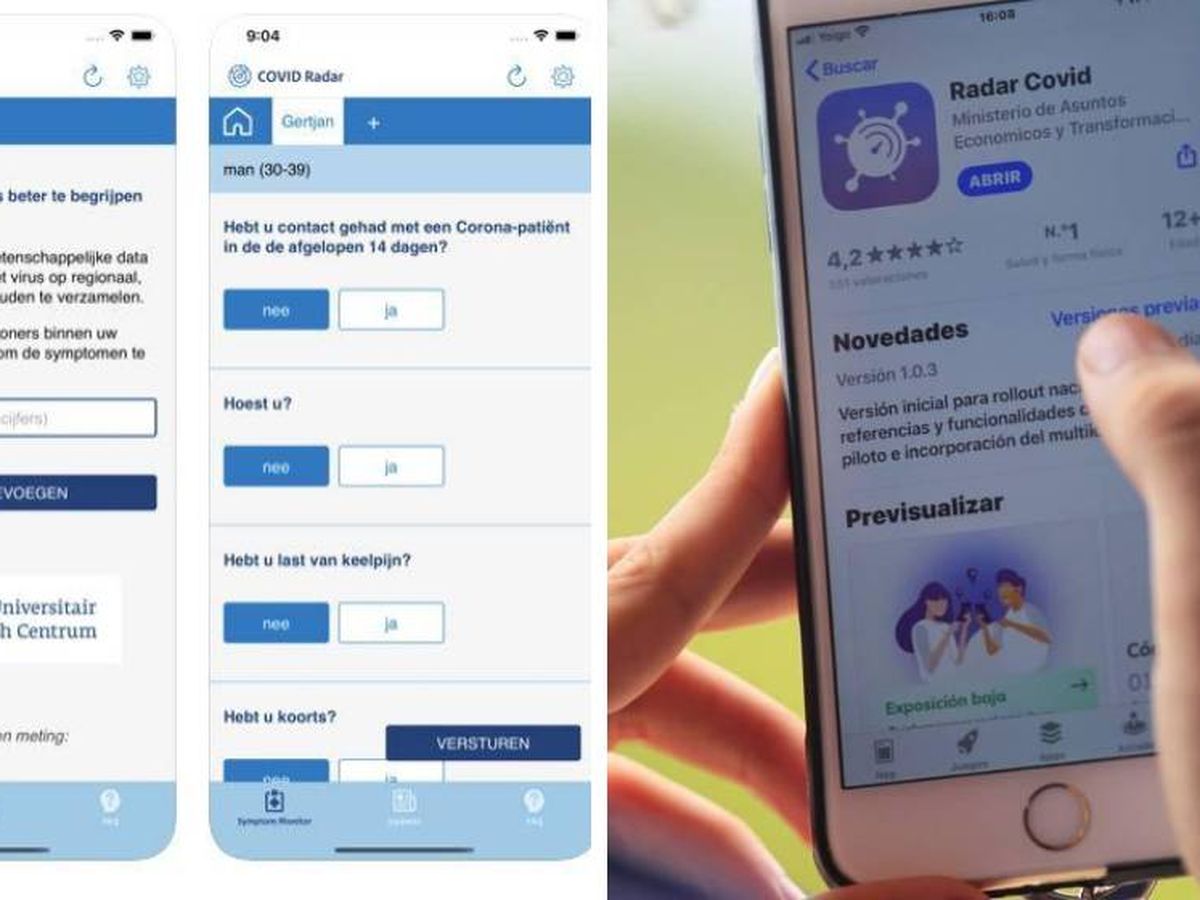 Foto: A la izquierda, la 'app' neerlandesa para rastrear contactos de positivos; a la derecha, la española