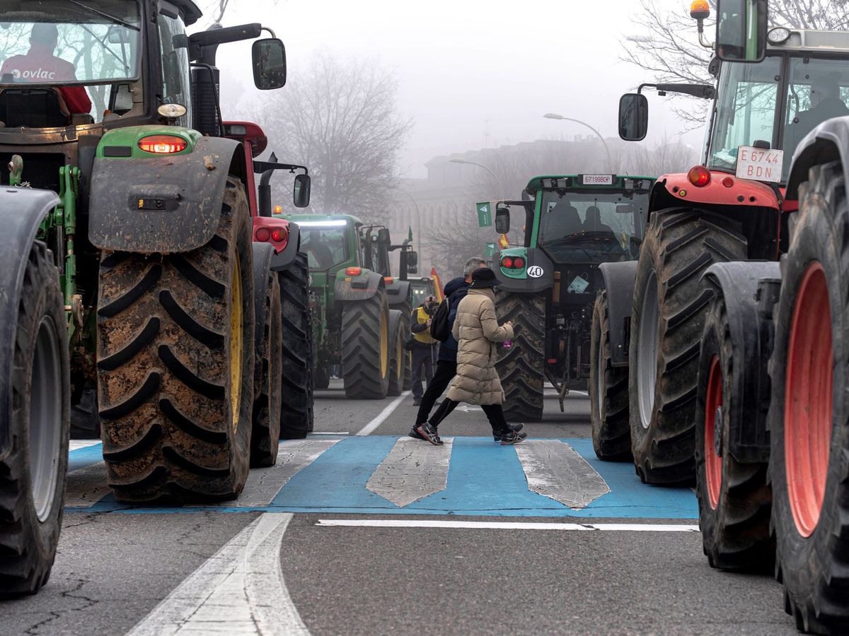 Foto: Los tractores de una manifestación en Toledo, en el mes de febrero, en la que cientos de agricultores y ganaderos de Castilla-La Mancha reclamaban precios justos. (EFE/Ismael Herrero)