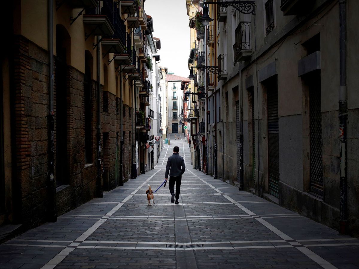 Foto: Una persona pasea a su perro por una calle desierta del casco histórico de Pamplona. (EFE)