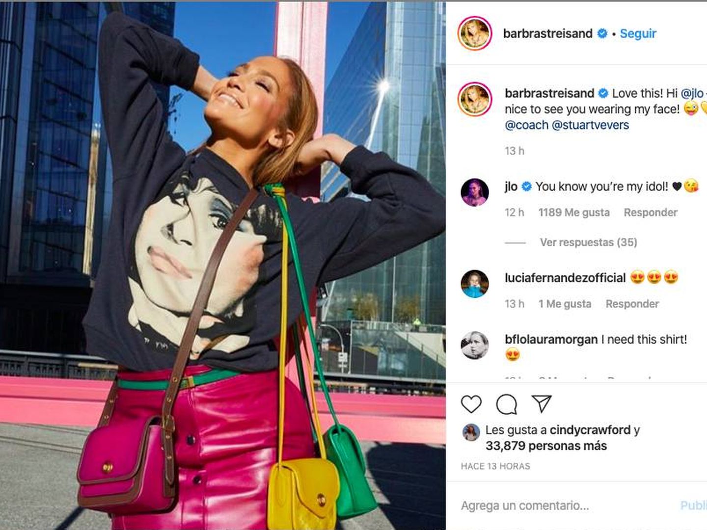 La publicación de Barbra Streisand con mensaje a JLo (Instagram)