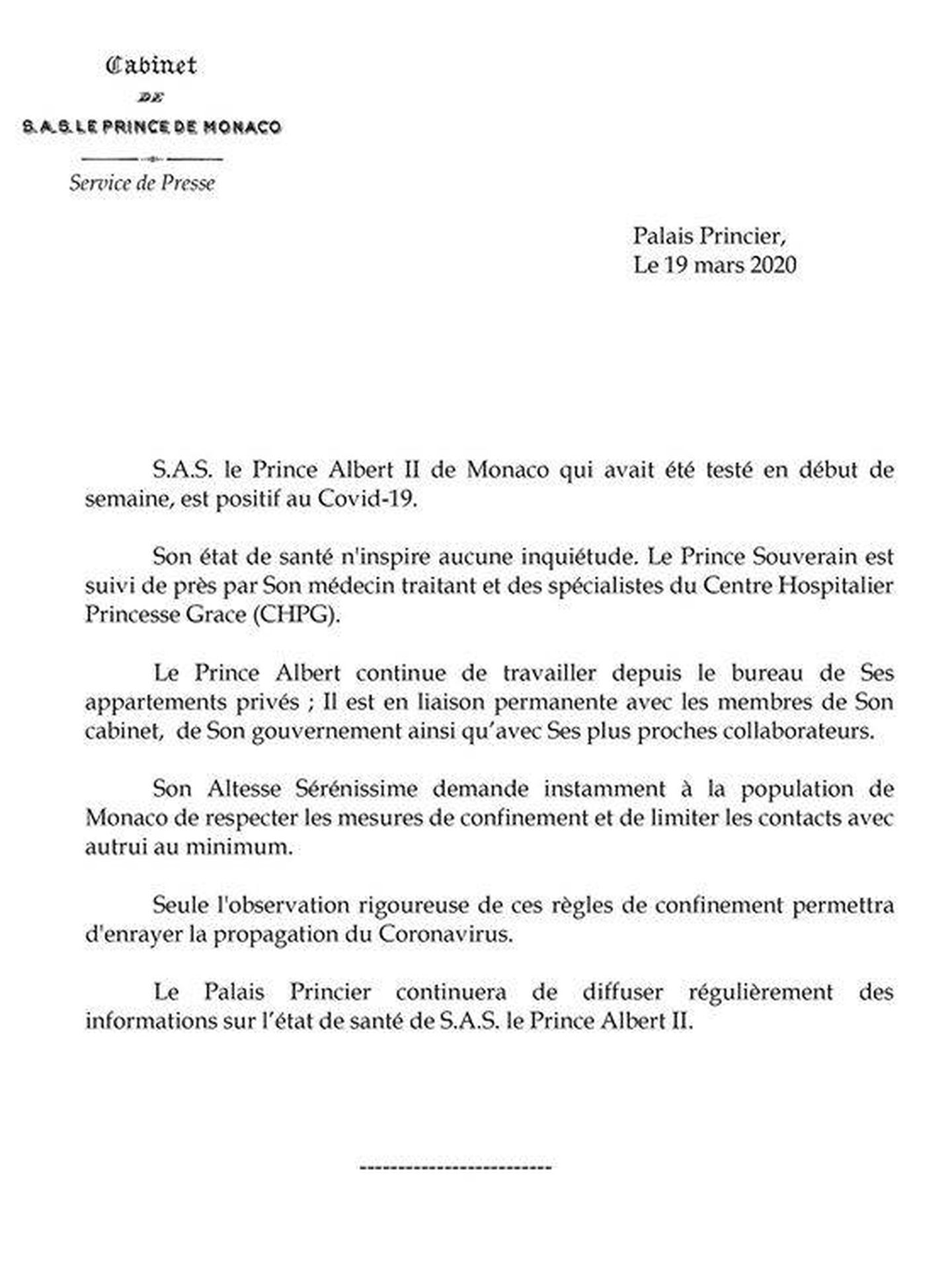 Comunicado emitido por el Palacio del Príncipe. (Palais Princier)