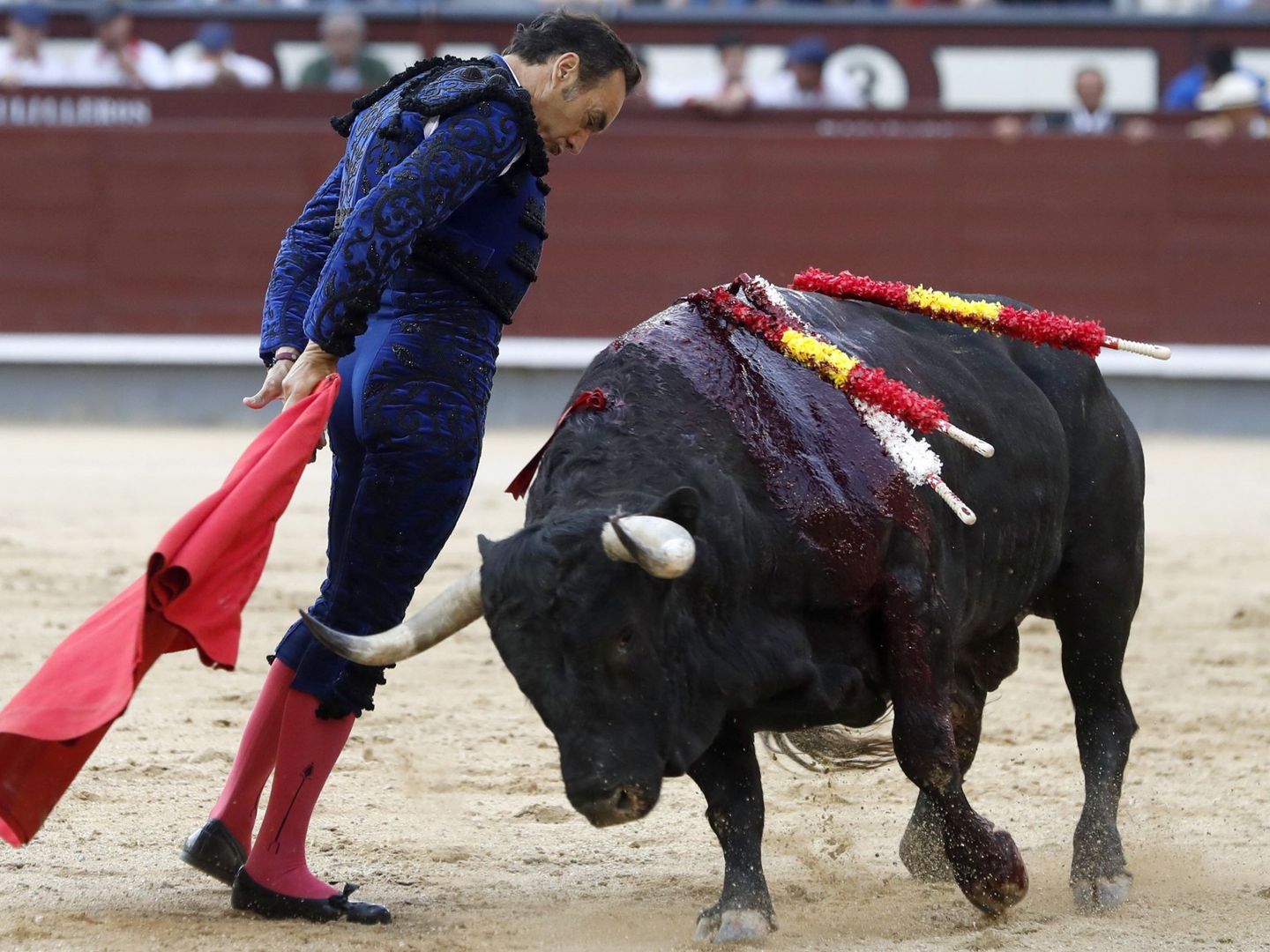 El diestro sevillano El Cid da un pase a su segundo toro durante la segunda corrida de la Feria. (EFE)