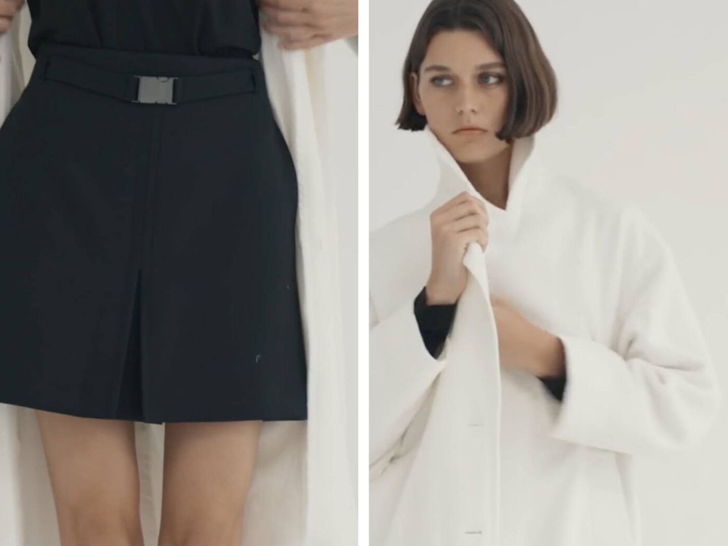Look binomio de Massimo Dutti con abrigo blanco, minifalda, jersey y botas. (Cortesía)