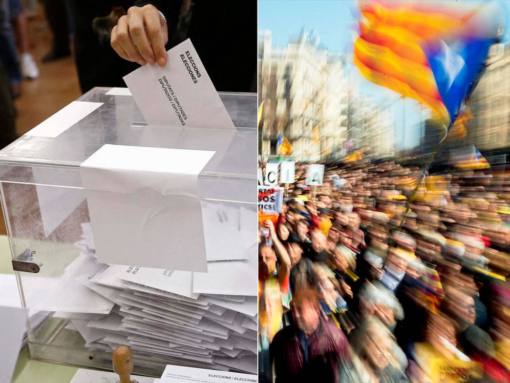 Foto: A la izquierda, una persona votando en las últimas elecciones generales. A la derecha, manifestaciones a favor de la huelga general en Cataluña. (EFE)