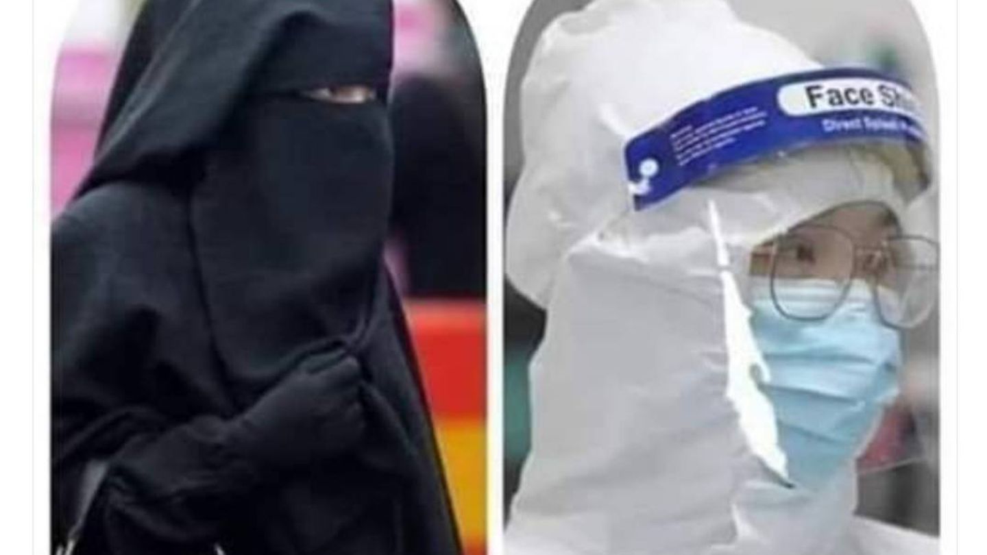Una mujer tocada con el 'niqab' y personal sanitario en la crisis del coronavirus.