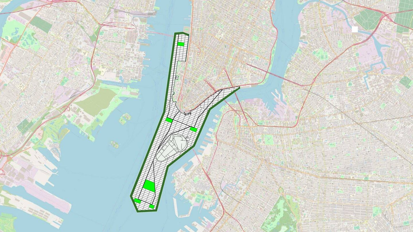 Expansión de la isla de Manhattan y su dique contra la subida del nivel del mar. (Jason Barr/Rutgers)