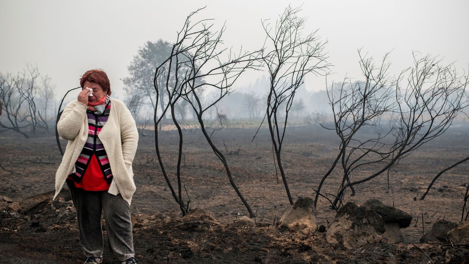 Foto: Una mujer llora ante el paisaje calcinado por el fuego, en la zona de Abelenda das Penas (Carballeda de Avia), donde ayer enterraron a uno de los cuatro fallecidos por los incendios. (EFE)