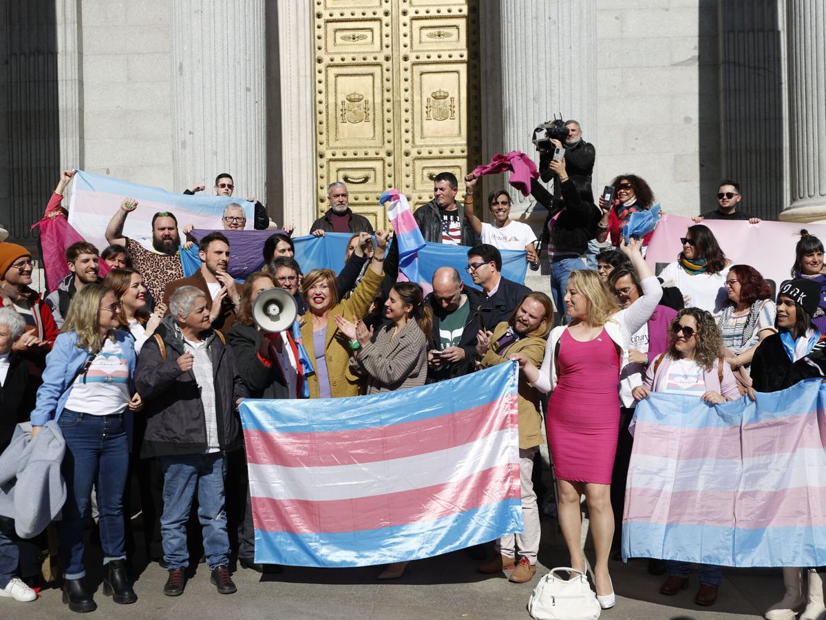 Foto: Montero, junto a miembros del colectivo trans en la puerta del Congreso. (EFE/Javier Lizón)