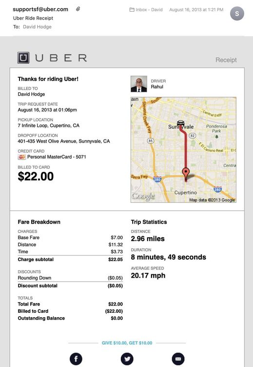 Captura del correo enviado por Uber tras el viaje de David.
