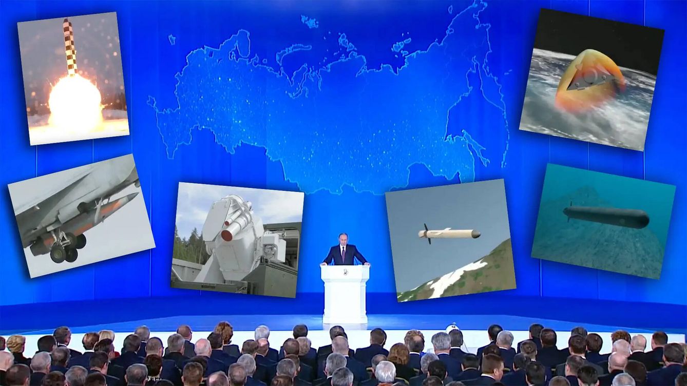 Foto: Putin durante el evento de presentación de sus seis armas superavanzadas en el centro Manezh Central Exhibition Hall, cerca de el Kremlin, el 1 de marzo de 2021