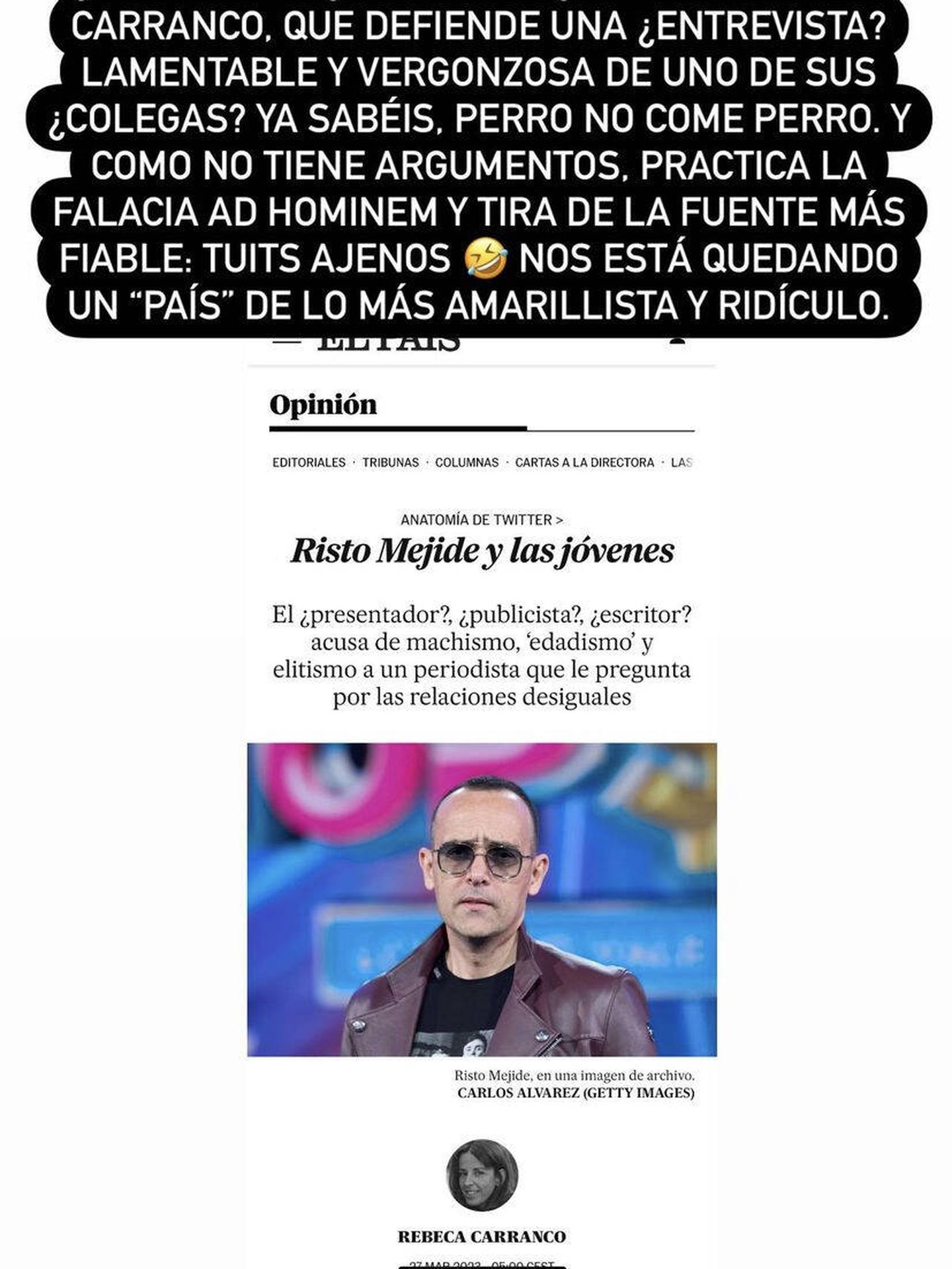La respuesta del presentador a 'El País'. (Instagram/@ristomejide)