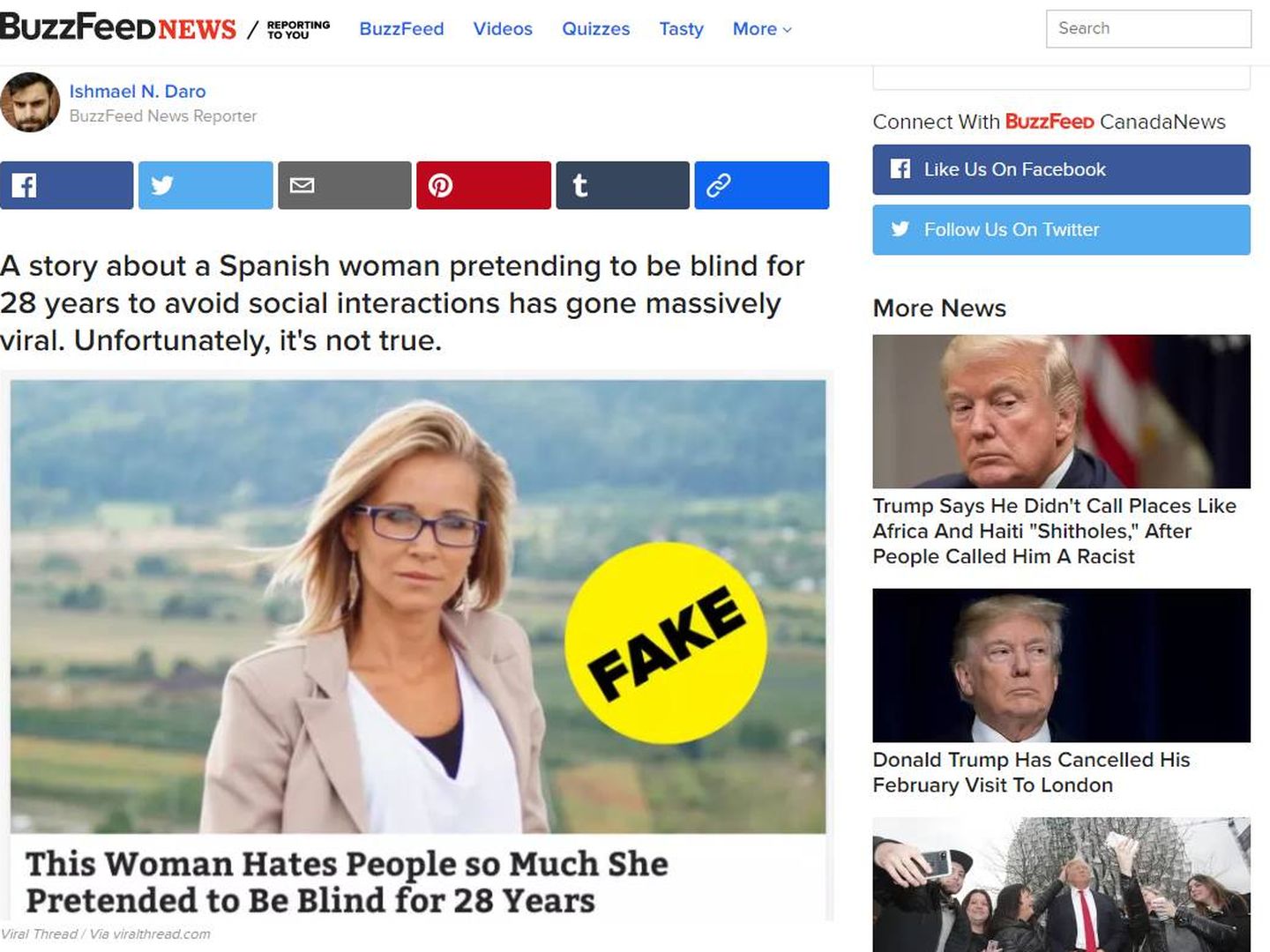 Artículo de Buzzfeed internacional desmintiendo la noticia de Hay Noticia porque se había hecho viral entre los medios británicos