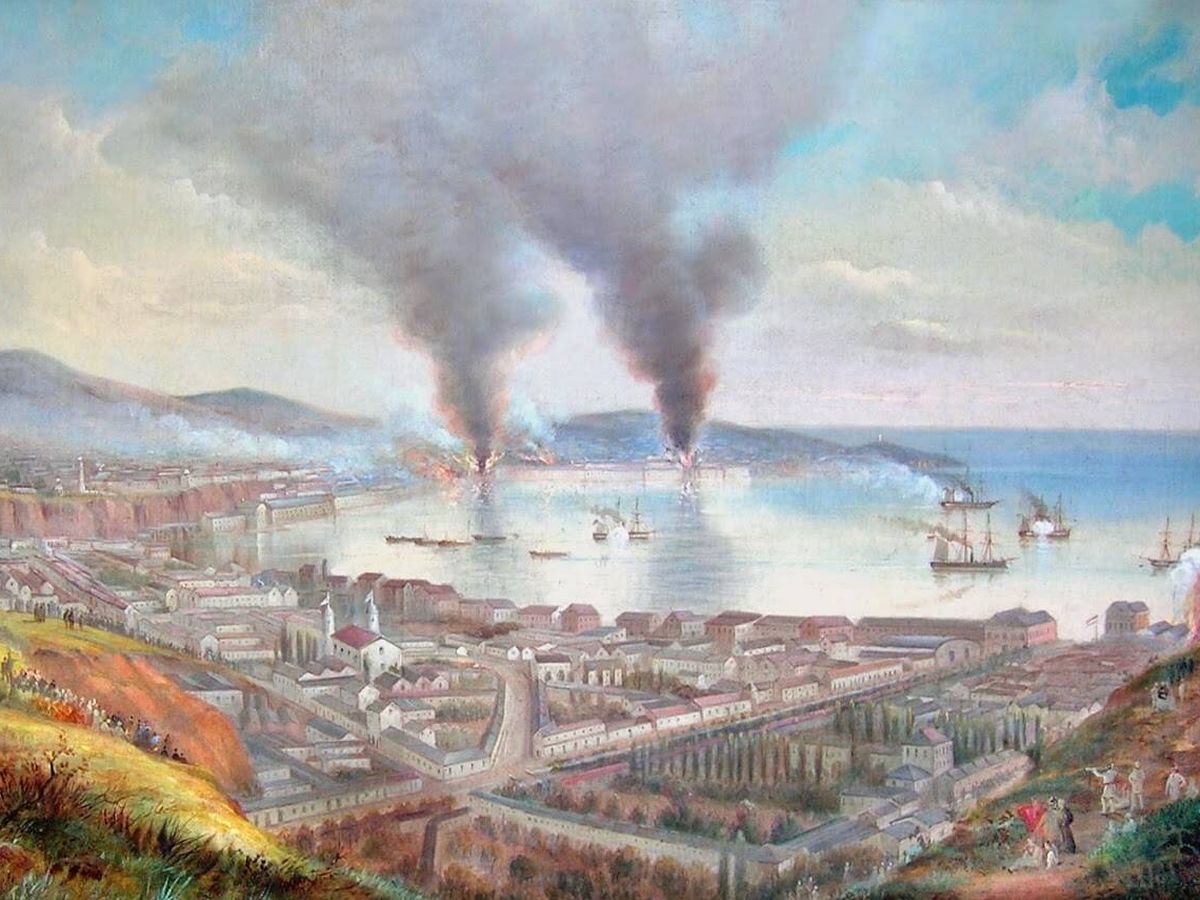 Foto: Bombardeo de Valparaíso por Méndez Núñez, pintado por William Gibbons.