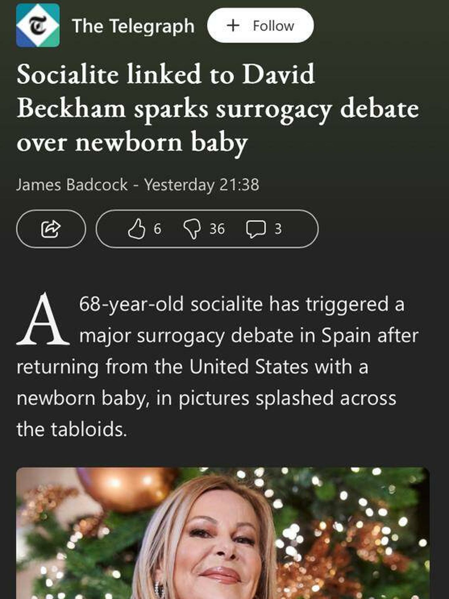 Captura de pantalla de la noticia de 'The Telegraph' sobre la maternidad de Ana Obregón.