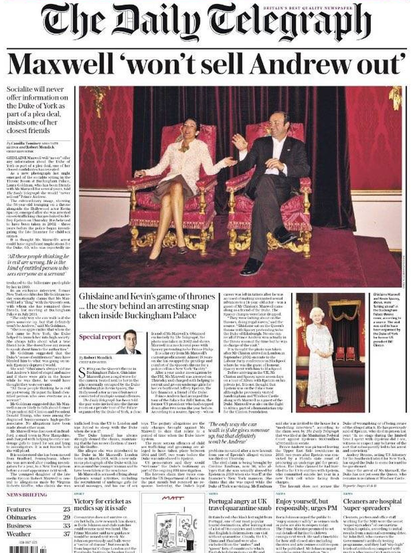 La portada de The Daily Telegraph con la fotografía de Maxwell y Spacey en Buckingham Palace.