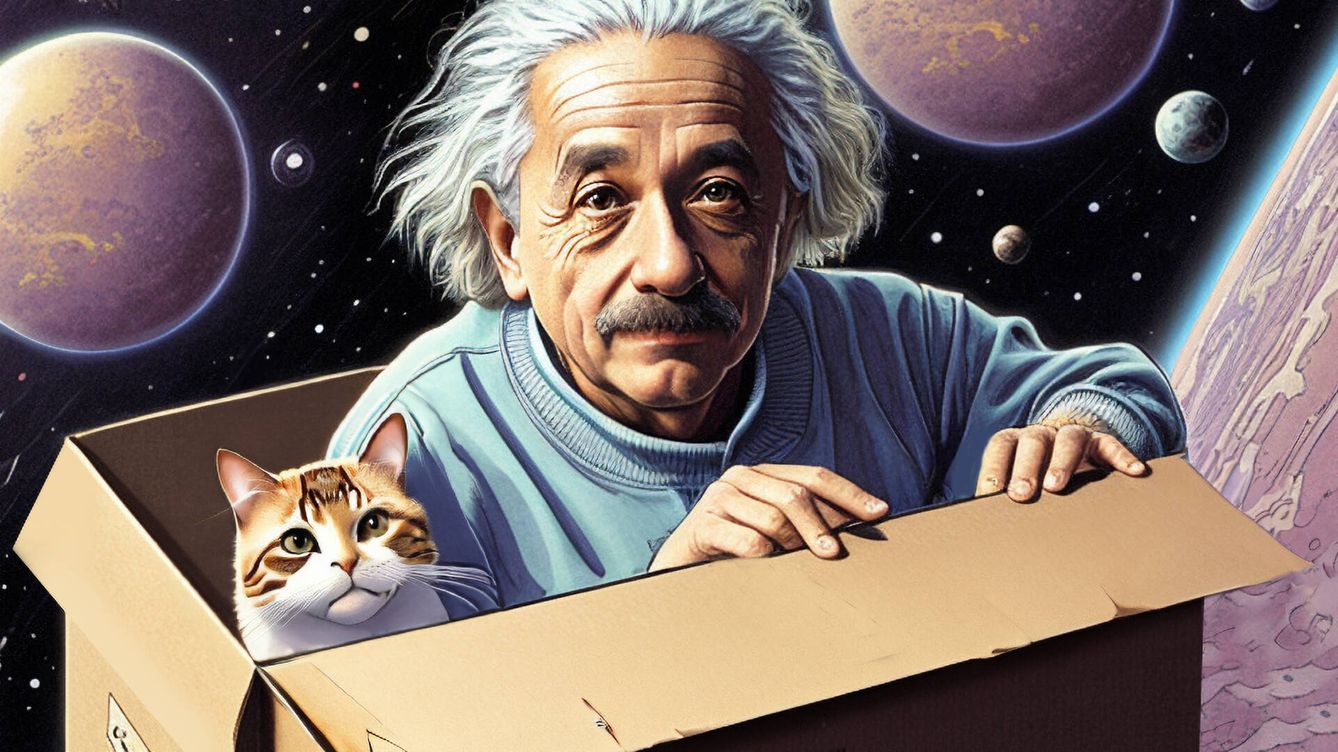 Foto: Einstein y el gato Schrödinger, por fin juntos. (Inteligencia artificial/Novaceno)