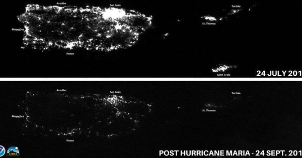 Foto: Puerto Rico de noche antes y después de María (@NOAASatellites)
