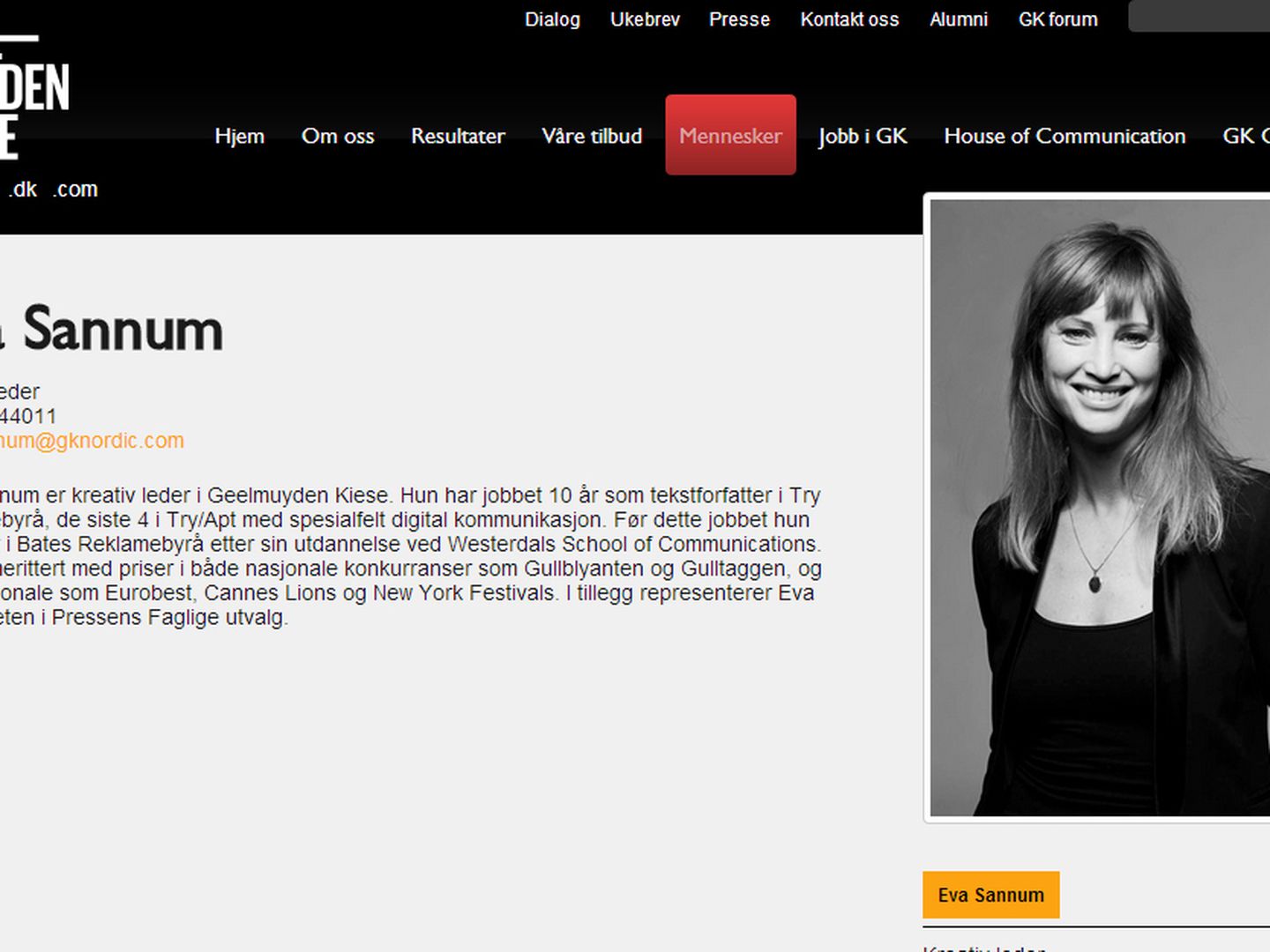 Eva Sannum en la web de su nuevo trabajo