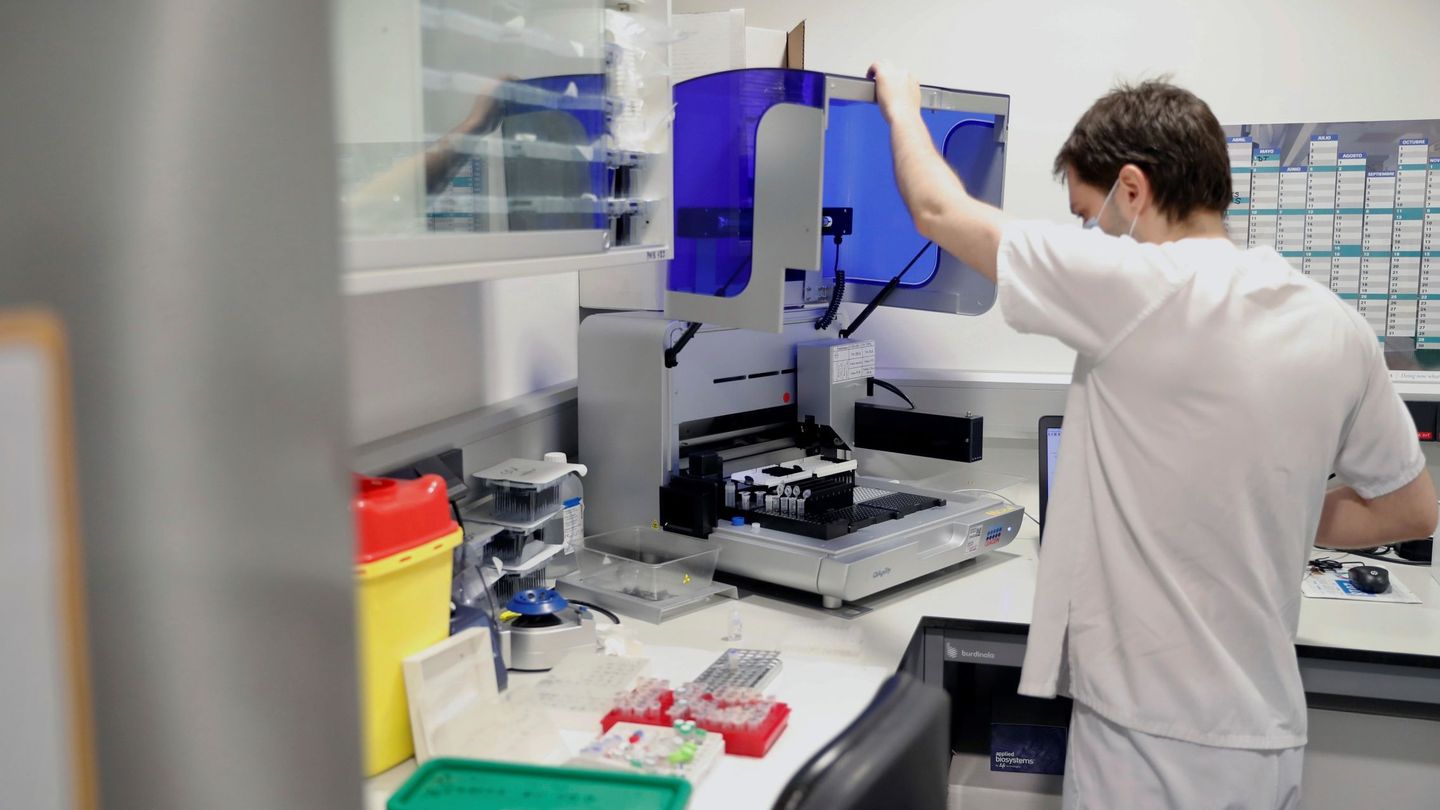 Técnicos sanitarios del Hospital Universitario Central de Asturias (HUCA) trabajan en el interior de la cabina de seguridad del laboratorio de virología de este centro de referencia del Principado y uno de los que más pruebas de diagnóstico tipo PCR han procesado en el conjunto del país. (EFE)