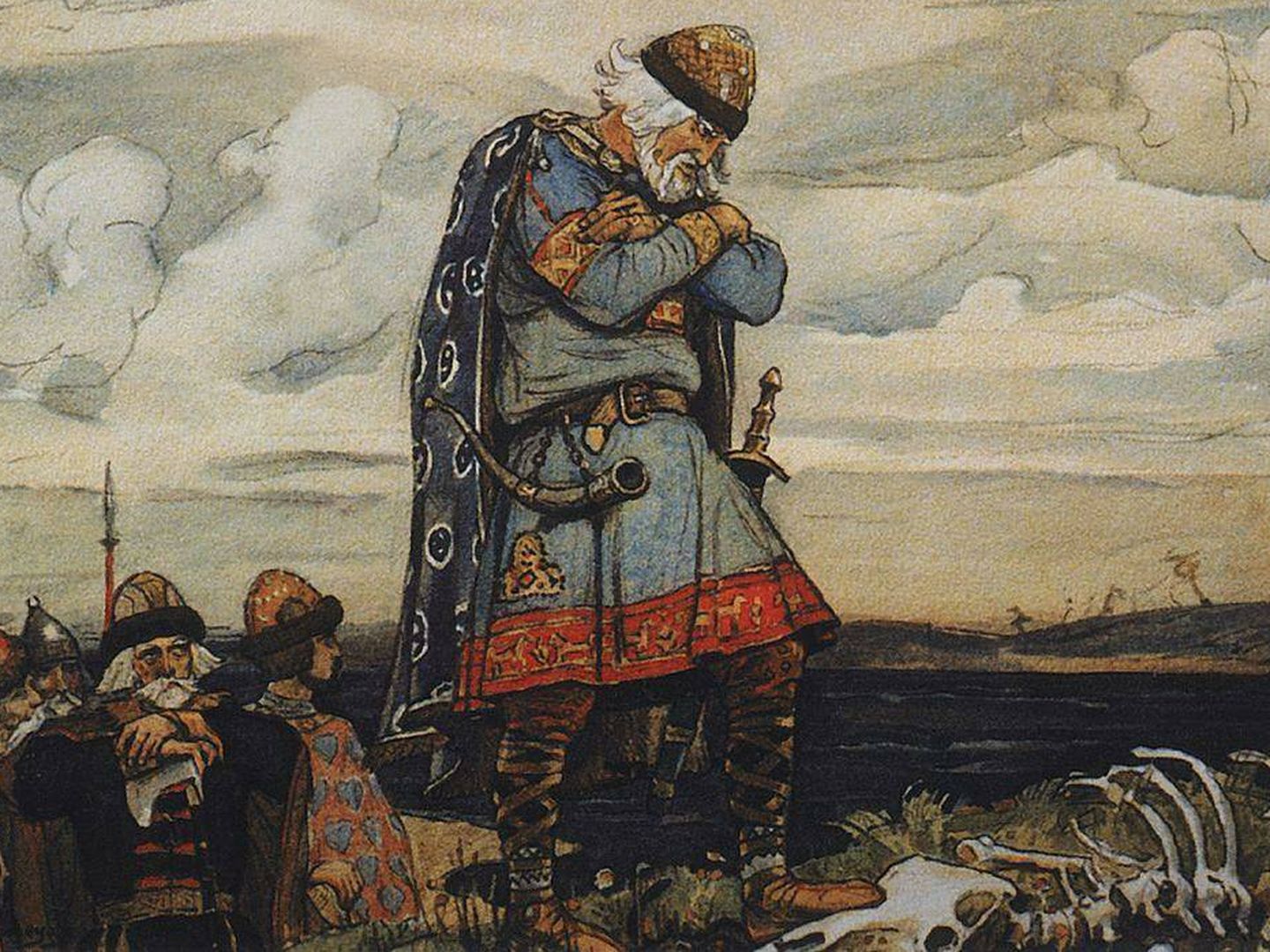 Oleg, pisando la calavera de su caballo, justo antes de morir. (Pintura de A. S. Pushkin, en el State Literature Museum de Moscú)