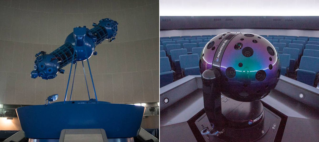 El antiguo proyector del planetario (izquierda) y el nuevo (derecha) (Enrique Villarino)